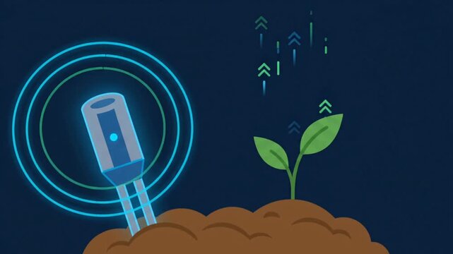2D animation of a smart soil sensor monitoring a growing green plant sprout with rising data icons symbolizing precision agriculture and agritech.