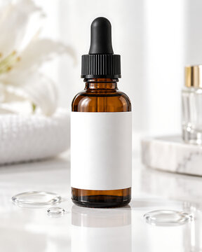 Amber glass dropper bottle mockup with blank white label in a clean spa setting, ideal for skincare serum branding, cosmetic packaging and product presentation.
