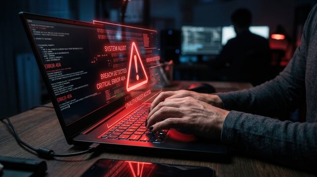 Concept of a cyber attack with error 404 alerts and a glowing red warning symbol on a laptop