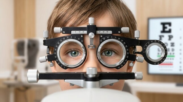 A pediatric vision test where an ophthalmologist uses optical equipment and a snellen chart during a child eye exam.