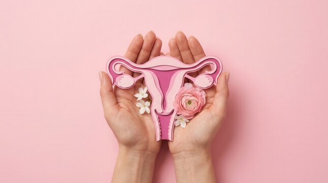 A uterus model and pink flowers held by a woman, representing female reproductive system health.