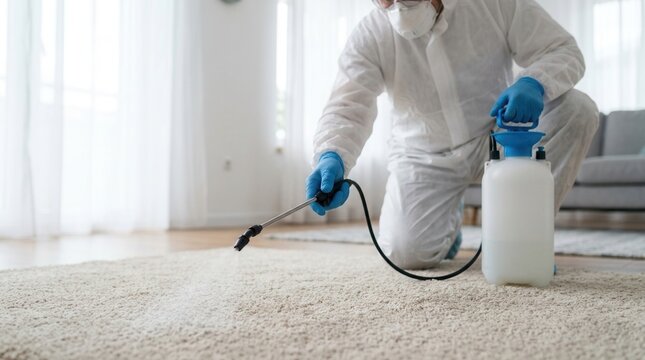 Professional pest control technician using insecticide spray on a living room carpet for pest extermination