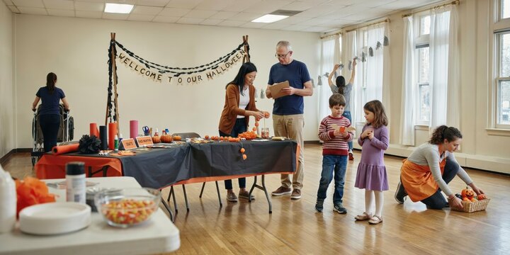 Diverse group of volunteers preparing for a halloween event in a community center, happy halloween, halloween celebration theme