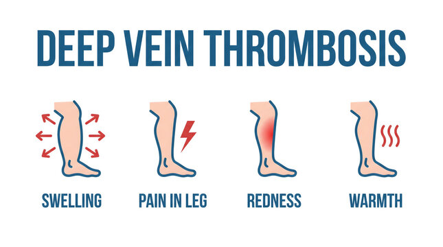 Medical vector diagram showing deep vein thrombosis symptoms on human legs