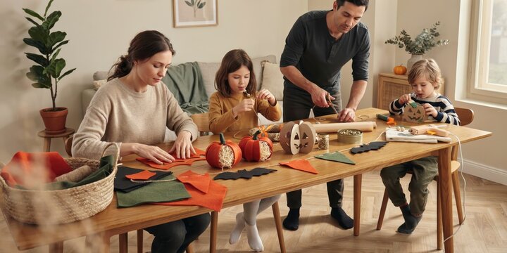 Family crafting halloween decorations together at home in a cozy living room, happy halloween, halloween celebration theme