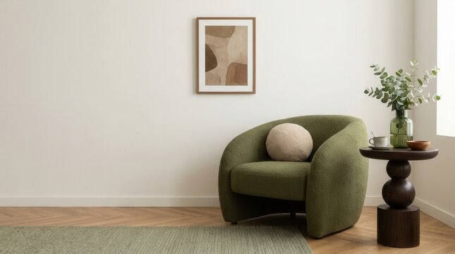 Interior minimalist setting with a mock up poster frame, olive green lounge chair, round cushion, and a dark wooden side table decorated with a coffee cup and eucalyptus branches.