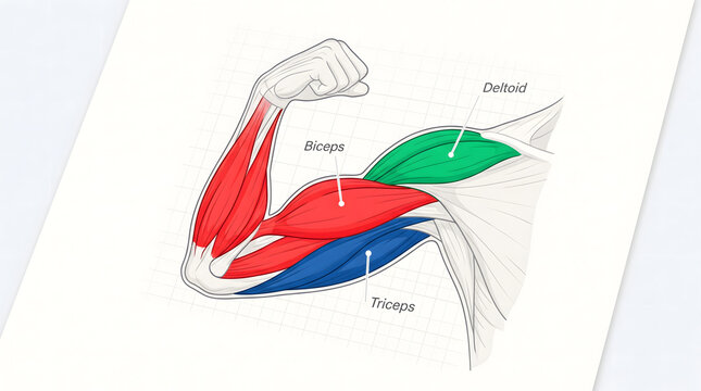Anatomy diagram of human arm muscles highlighting biceps and triceps