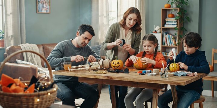 Family preparing halloween decorations together at home, happy halloween, halloween celebration theme