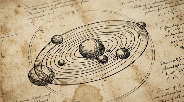 Antique celestial chart with a planetsystem illustration on aged parchment.