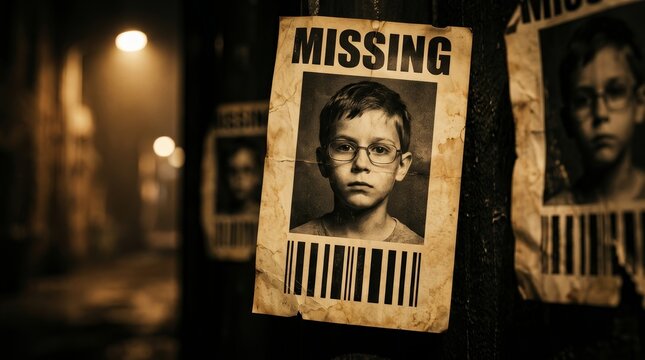 A prominent missing person poster with a boy's portrait on a textured wall.