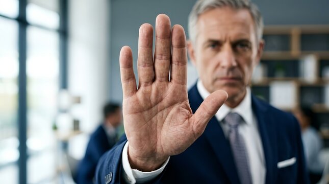 A businessperson makes a firm stop gesture with an open hand to signal rejection or denial.