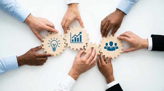 Diverse hands interacting with wooden gears to symbolize business collaboration and innovation.