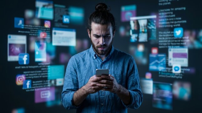 A man addicted to social media consumption experiences isolation and doomscrolling on his smartphone.