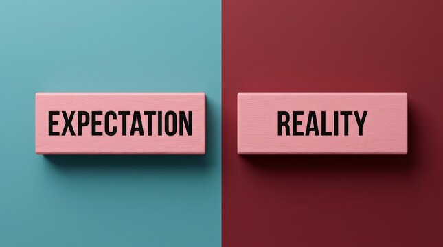 Expectation versus reality concept with wooden text blocks on contrasting backgrounds.