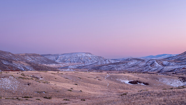 winter dusk over Colorado foothills of Rocky Mountains - Red Mountain Open Space, a popular hiking, biking and horse riding area near Fort Collins