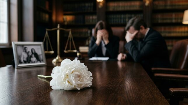 White flower on a wooden table with blurred scales of justice and a family photo for wrongful death.