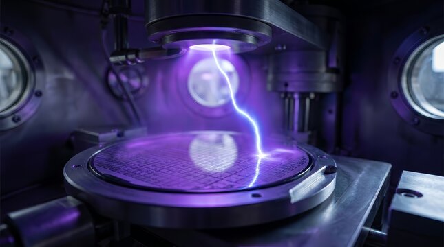 Intricate surface patterns on oxide wafers during active plasma etching in a high-tech chamber.