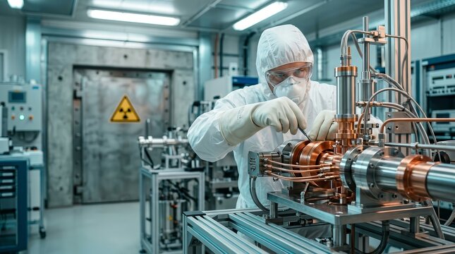 A gloved technician handles cyclotron target components inside a radiation-protected vault for medical PET isotope synthesis.