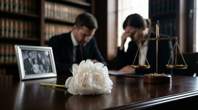 White flower on a wooden table with blurred scales of justice and a family photo for wrongful death.