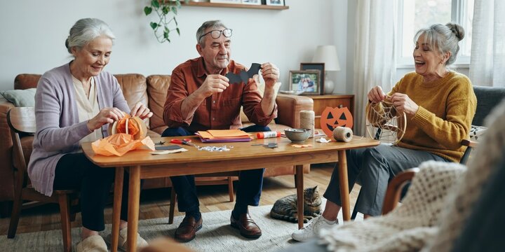 Three seniors crafting halloween decorations together in a cozy living room, happy halloween, halloween celebration theme