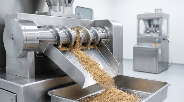 Closeup of twinscrew granulation process on a continuous tablet line in a modern pharmaceutical plant.