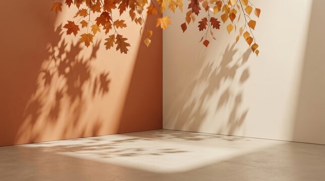 Empty autumn studio room with orange and beige tones for product presentation.