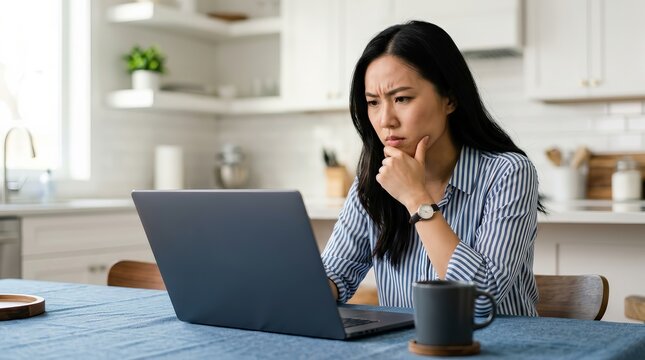 Suspicious Asian woman using a laptop computer in a modern kitchen.