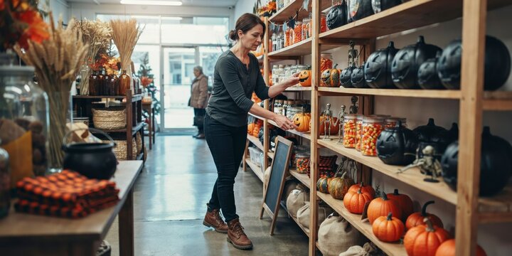 Woman shopping for halloween decorations in a store, happy halloween, halloween celebration theme