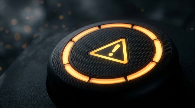 Black circular alert button with a glowing yellow warning triangle and LED ring.