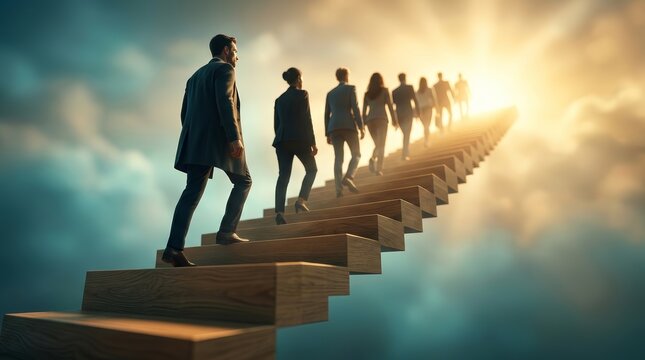 Business executives climbing wooden stairs to maintain focus on strategic goals.