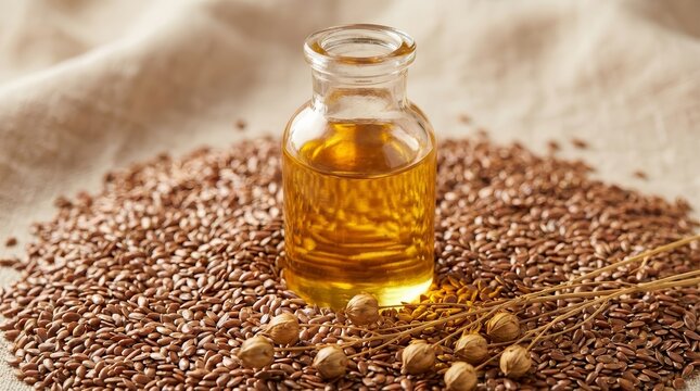 Flaxseed vegetable oil in a glass bottle surrounded by brown linen seeds on a beige background.