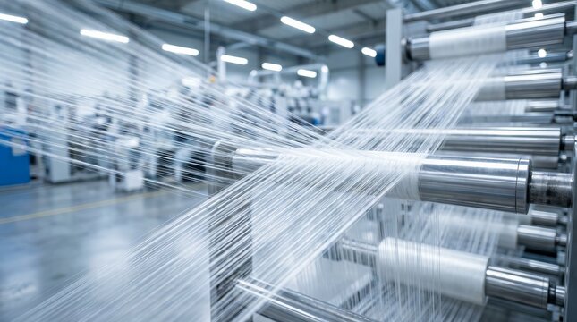 Fine polyester staple fibers being spun on an automated industrial production line.