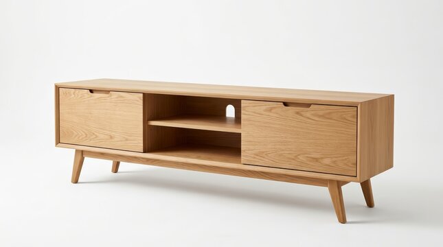Modern wooden media console and TV stand with interior shelves for home decor.
