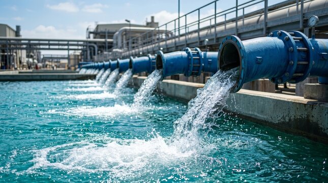 Industrial pipes pouring clean water into a pool at a seawater desalination plant.