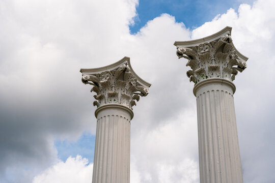 Tops of classical-style columns in Fulton, Missouri