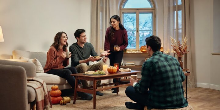 Group of friends laughing and talking while sitting in a cozy living room, happy halloween, halloween celebration theme