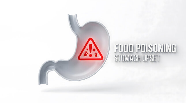Medical illustration of a human stomach with a red food poisoning warning