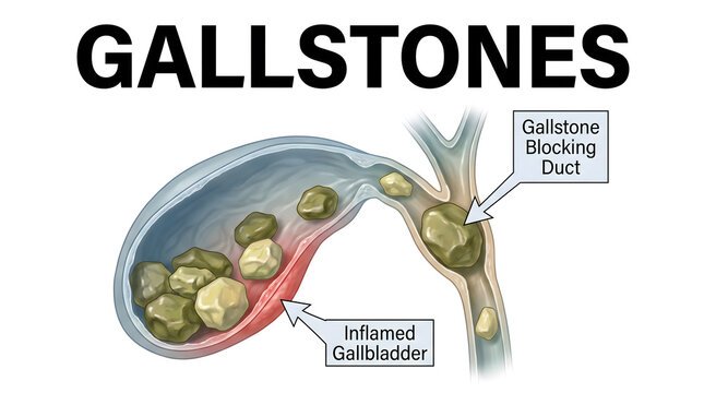 Medical illustration depicting gallstones blocking the bile duct and gallbladder
