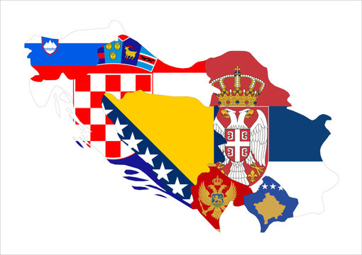Flag map outline shape of Former Yugoslavia Countries. Flags of countries fill the shapes with their colors. Symbol of regional cooperation, identity and partnership