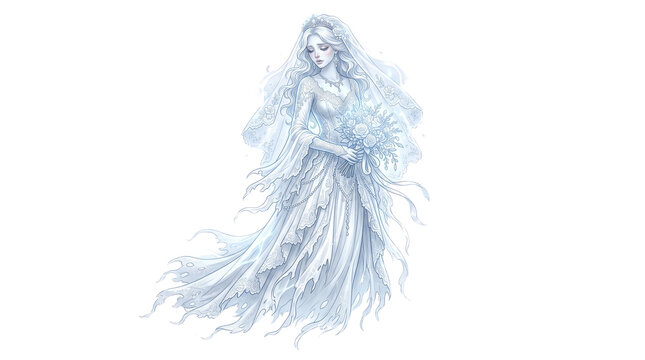 Ethereal ghost bride in tattered wedding dress, haunting female spirit with bridal bouquet, gothic phantom woman illustration isolated PNG with Transparent Background