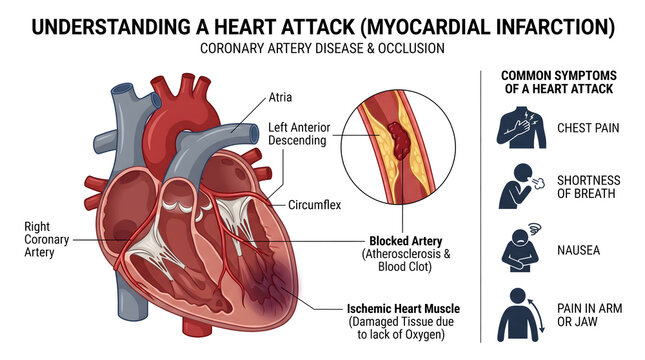 Medical infographic explaining heart attack and coronary artery disease