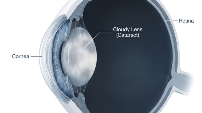 Medical illustration of a human eye with cataract and cloudy lens