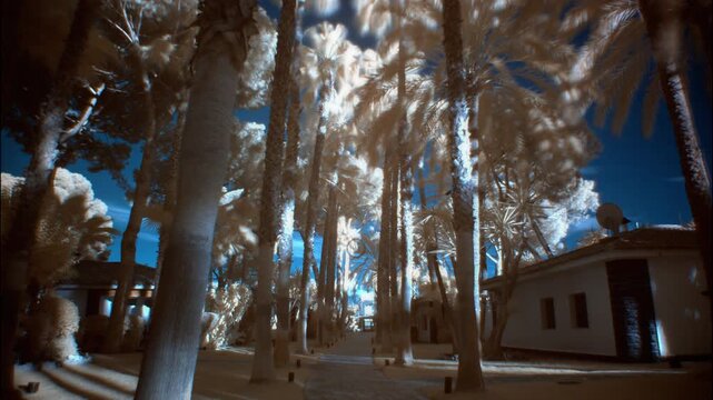 An infrared timelapse of palm trees lining a stone path at a tropical resort with white foliage and a dark blue sky