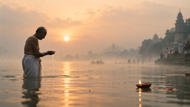 Elderly man performing ritual bath and prayer at sunrise in holy river during Mahalaya. Misty Indian ghat with floating diya lamp and temple silhouette.