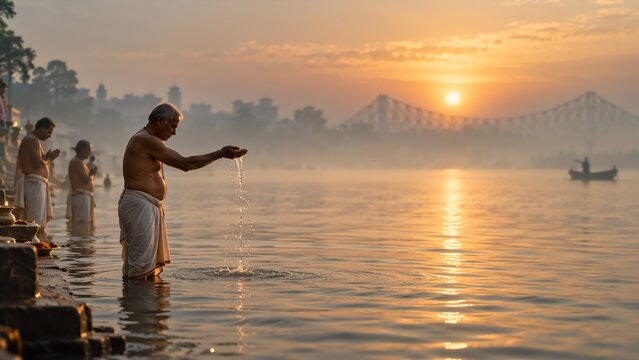 Elderly indian man performing sacred water ritual at sunrise on holy river ghat during Mahalaya celebration. Praying men bathe in misty golden morning light with bridge silhouette.
