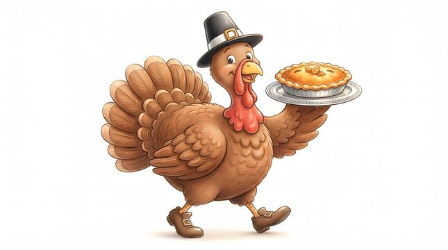 A charming cartoon turkey proudly presents a delicious pie for thanksgiving dinner