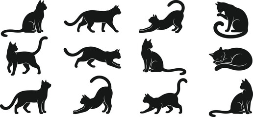 Fototapeta premium Black cat silhouette collection featuring various feline poses and movements on transparent backdrop.