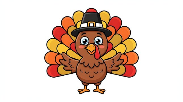 A charming cartoon turkey wearing a pilgrim hat for a festive thanksgiving celebration