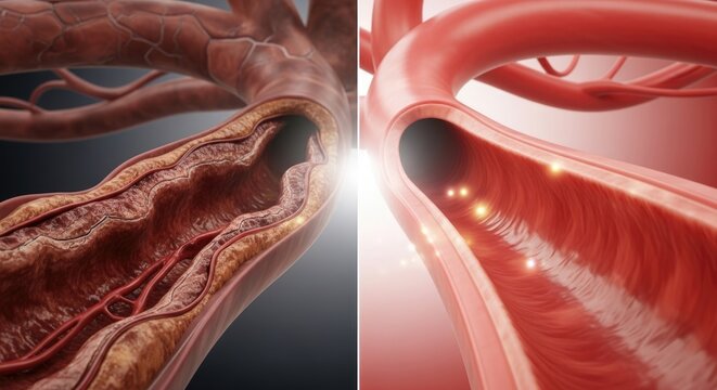 Cross section of a healthy artery compared to an artery with atherosclerosis, showing plaque buildup and narrowing, symbolizing heart disease prevention, cardiovascular health, and medical treatment