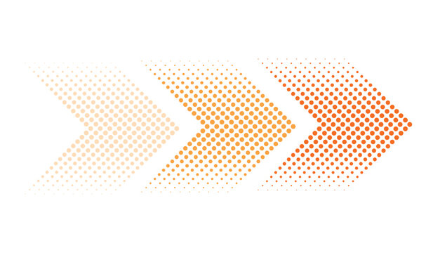 Orange halftone chevron arrow. Abstract dotted direction symbol. Modern geometric design for navigation, infographics and web graphics for Data Visualization and UI Design